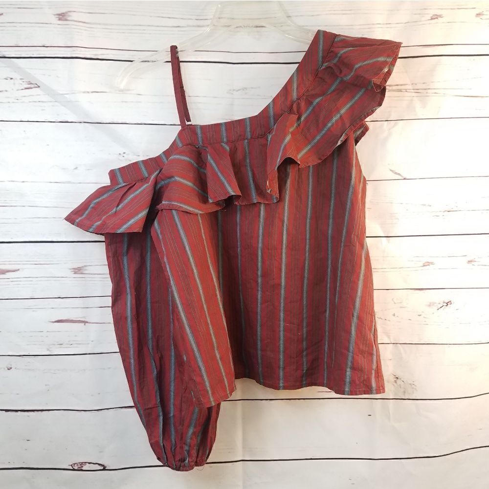 JOA Striped Asymmetrical One Shoulder Ruffle Top